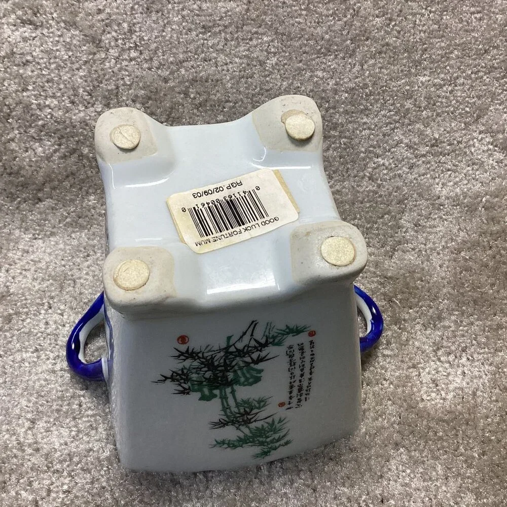 Vintage Chinese Porcelain Vase Planter With‎ Blue Handles & Floral Bamboo Design